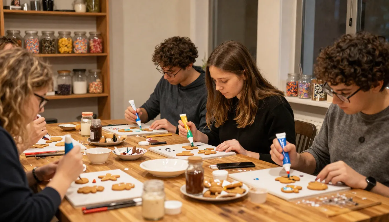 A cozy workshop interior with wooden tables, people of diffe...