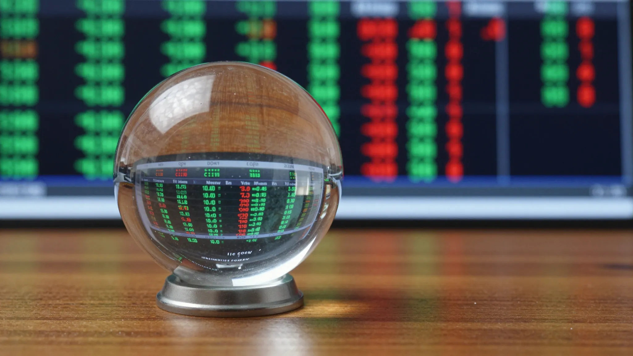A crystal ball on a wooden table reflecting a vibrant stock ...