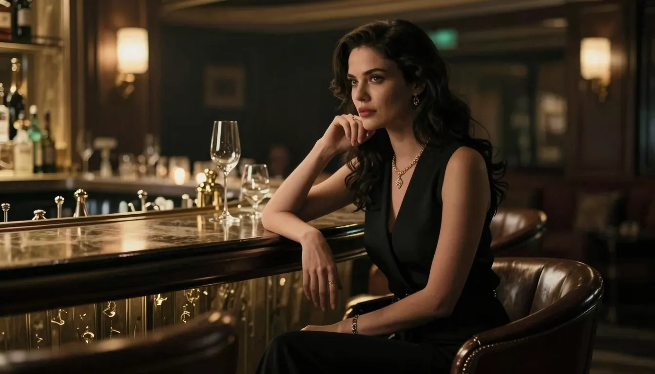 A sophisticated woman sitting alone at a bar in a luxury lou...