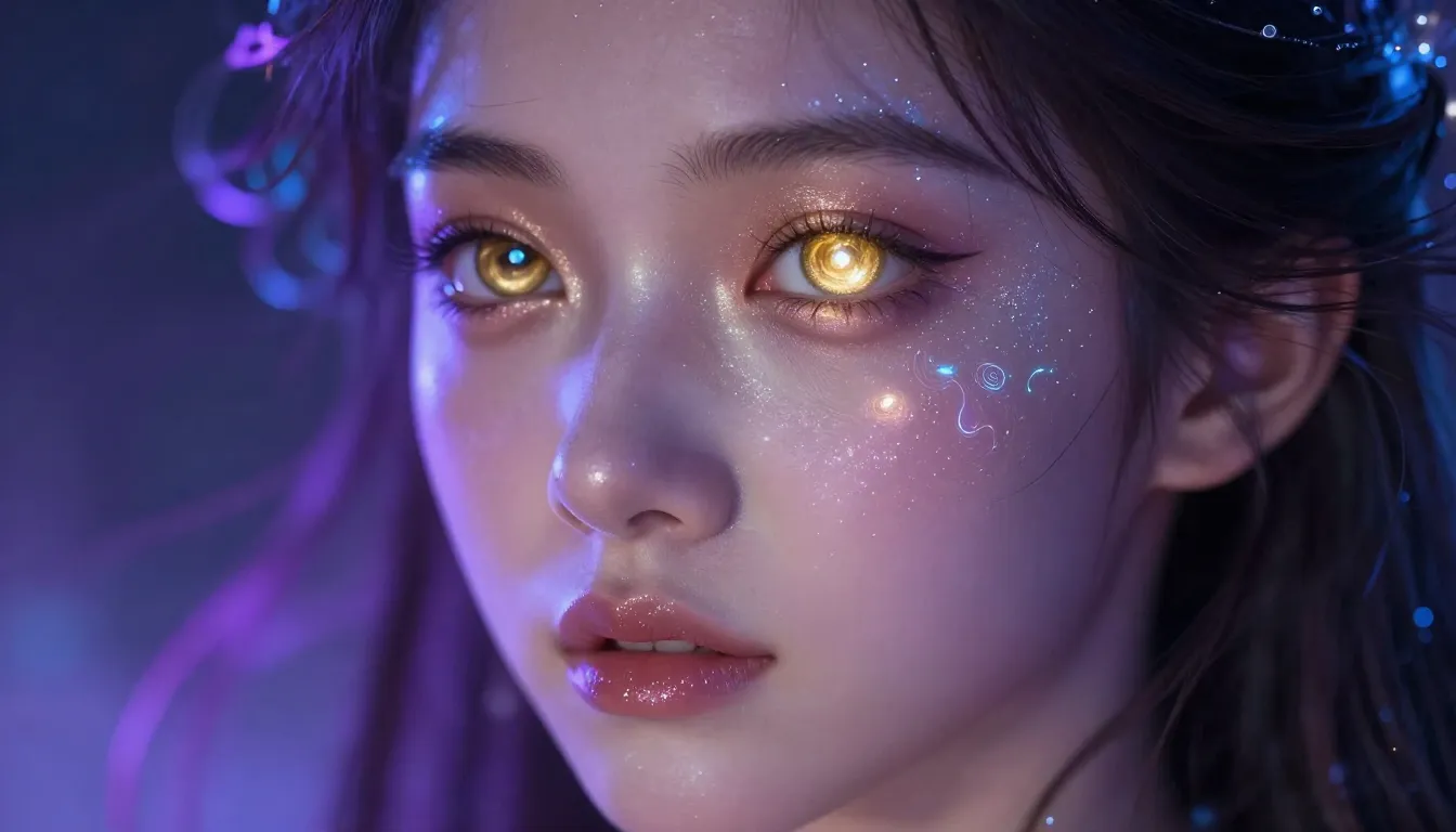 Close-up of a mystical girl's face, her eyes reflecting a sw...