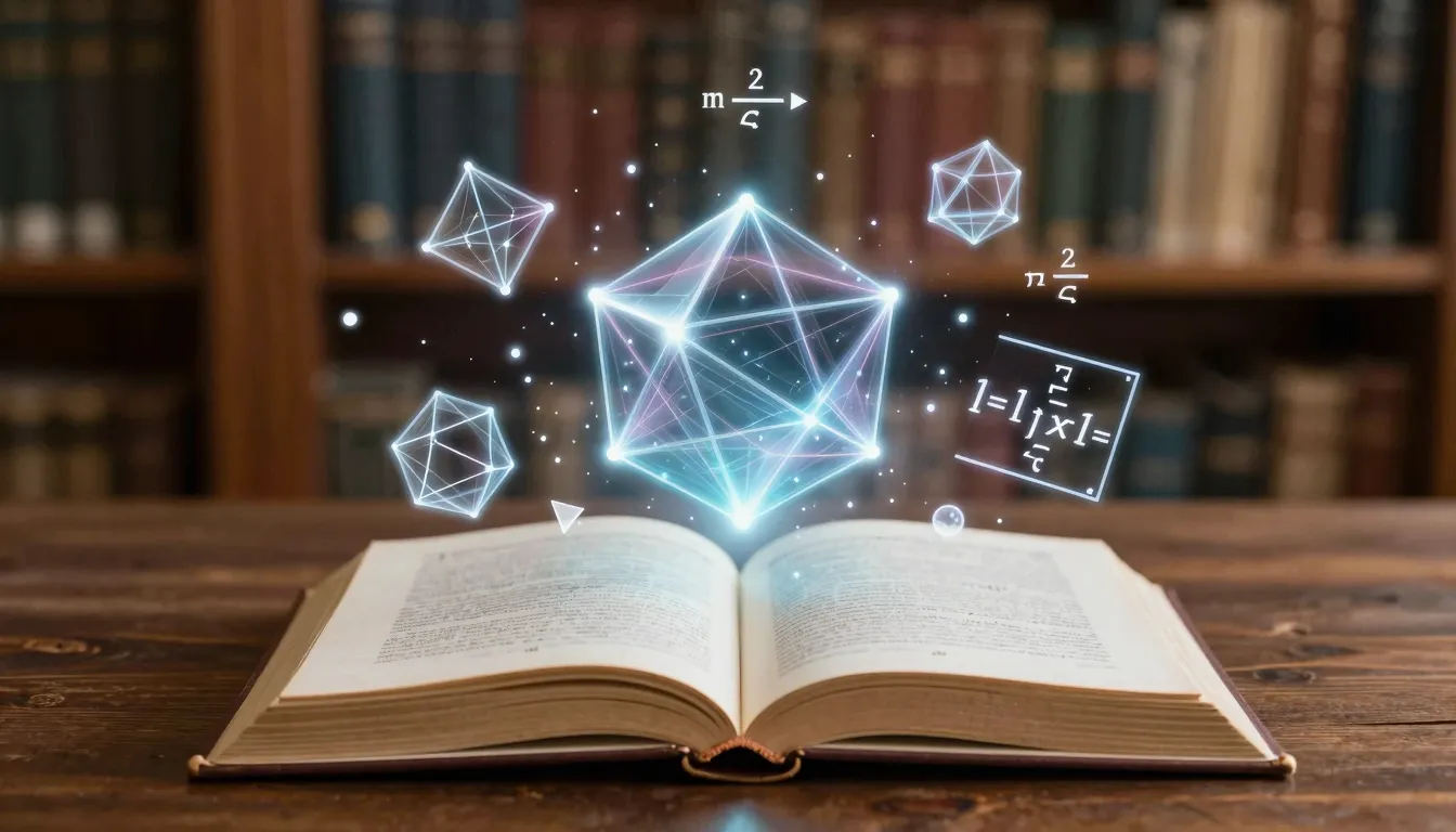An open old book on a wooden desk, from which 3D holographic...