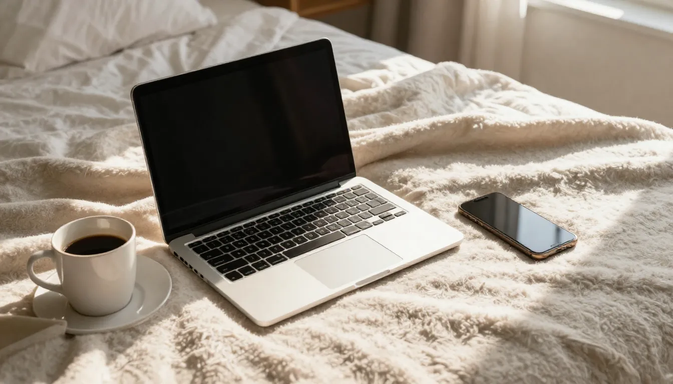 A cozy home office setup with a laptop on a soft blanket, a ...