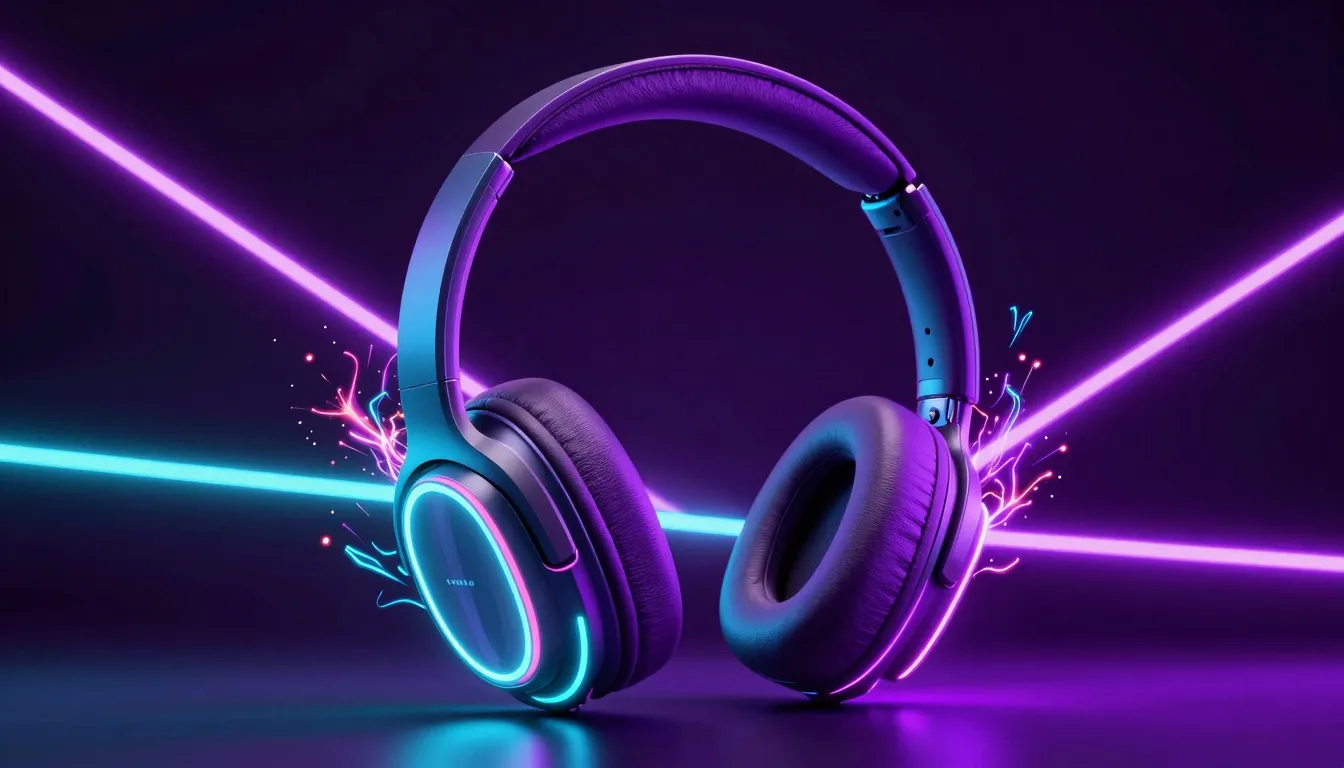 Vibrant wireless headphones surrounded by neon glowing lines...