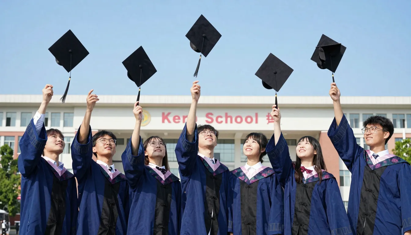 A group of happy graduates in blue gowns standing in front o...