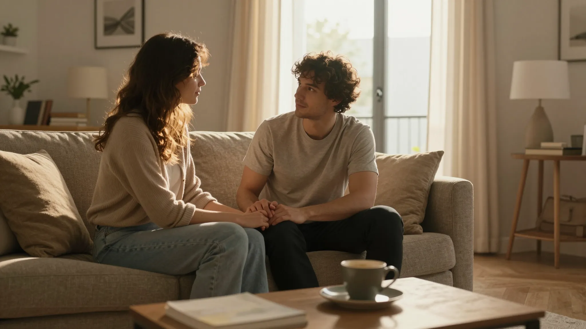 A wide shot of a cozy sunlit living room, a man and a woman ...