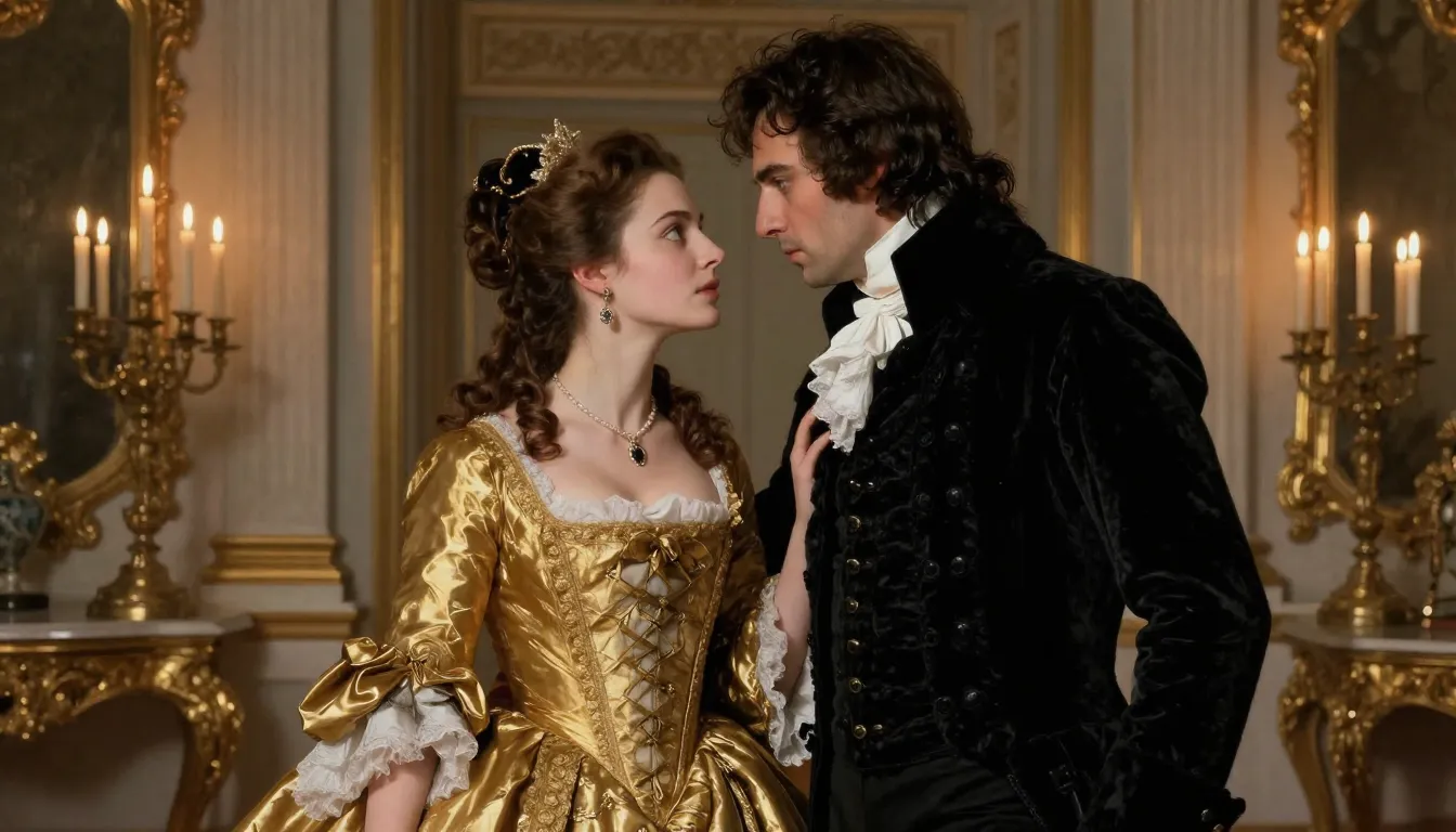 A dramatic encounter between a beautiful woman in a gold 18t...