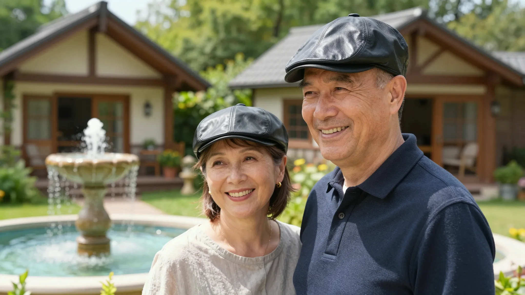 A happy middle-aged man and woman standing together near a b...