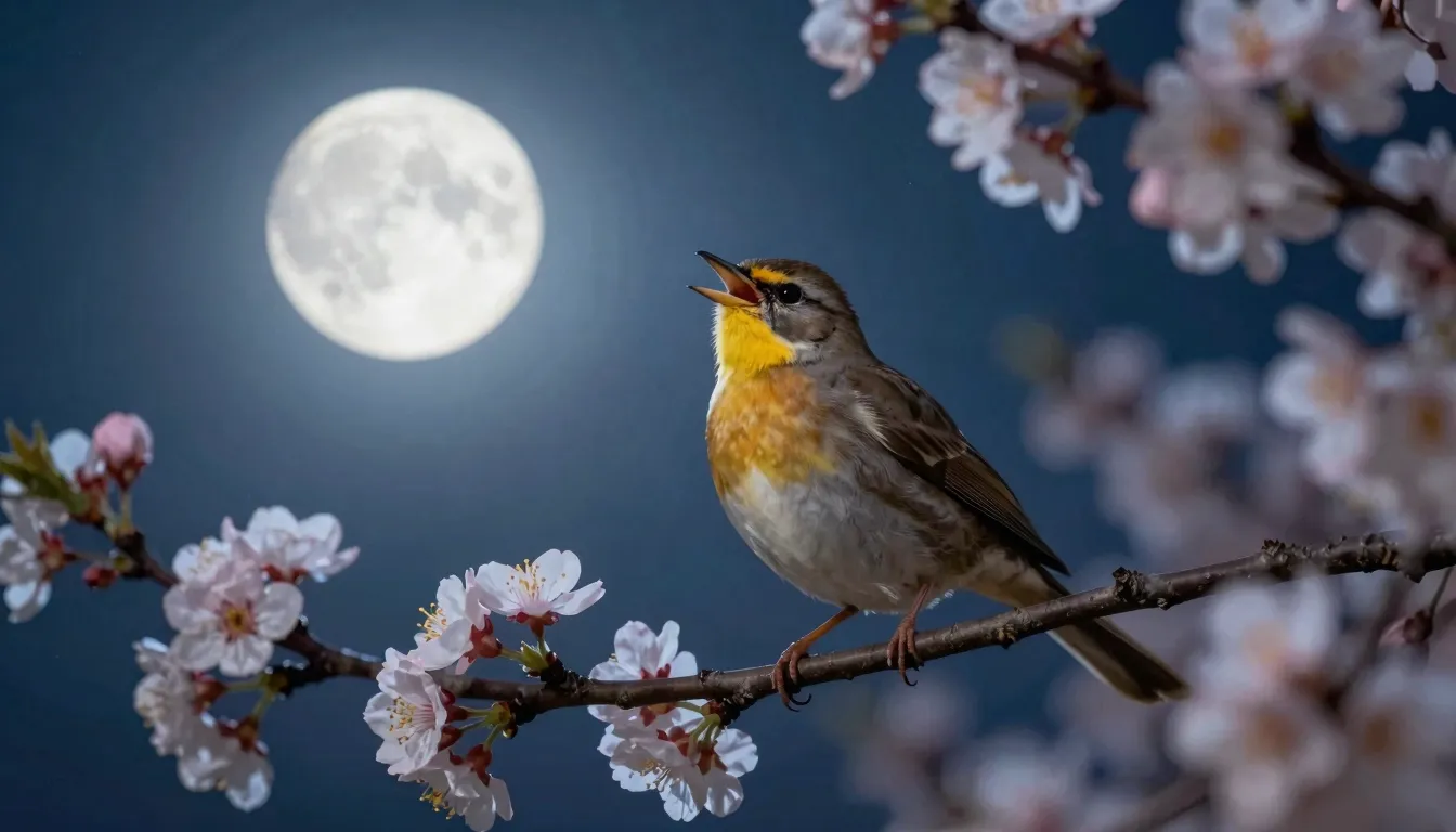 A nightingale singing on a branch of a blooming tree under t...
