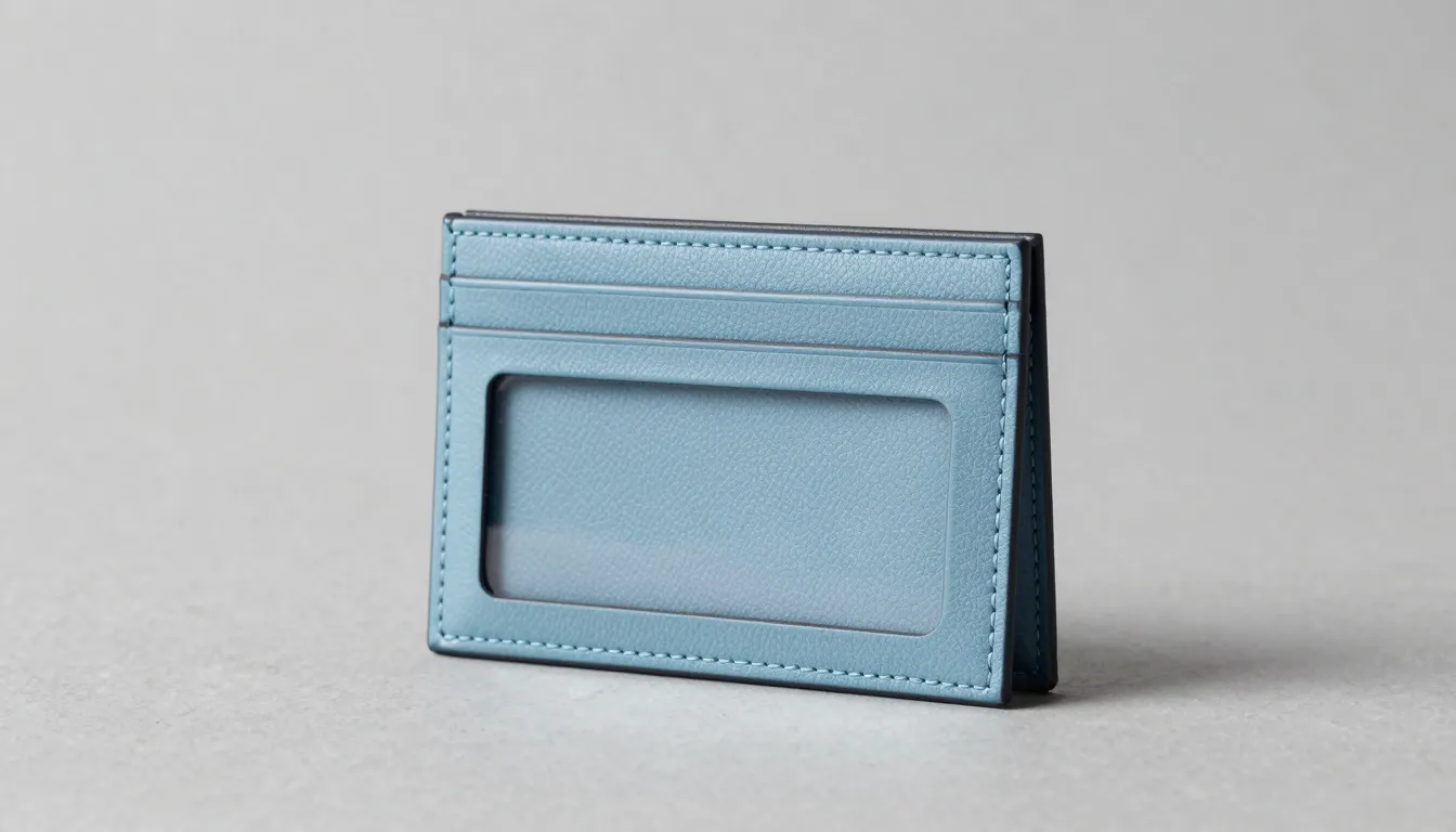 Professional product photography of a light blue eco-leather...