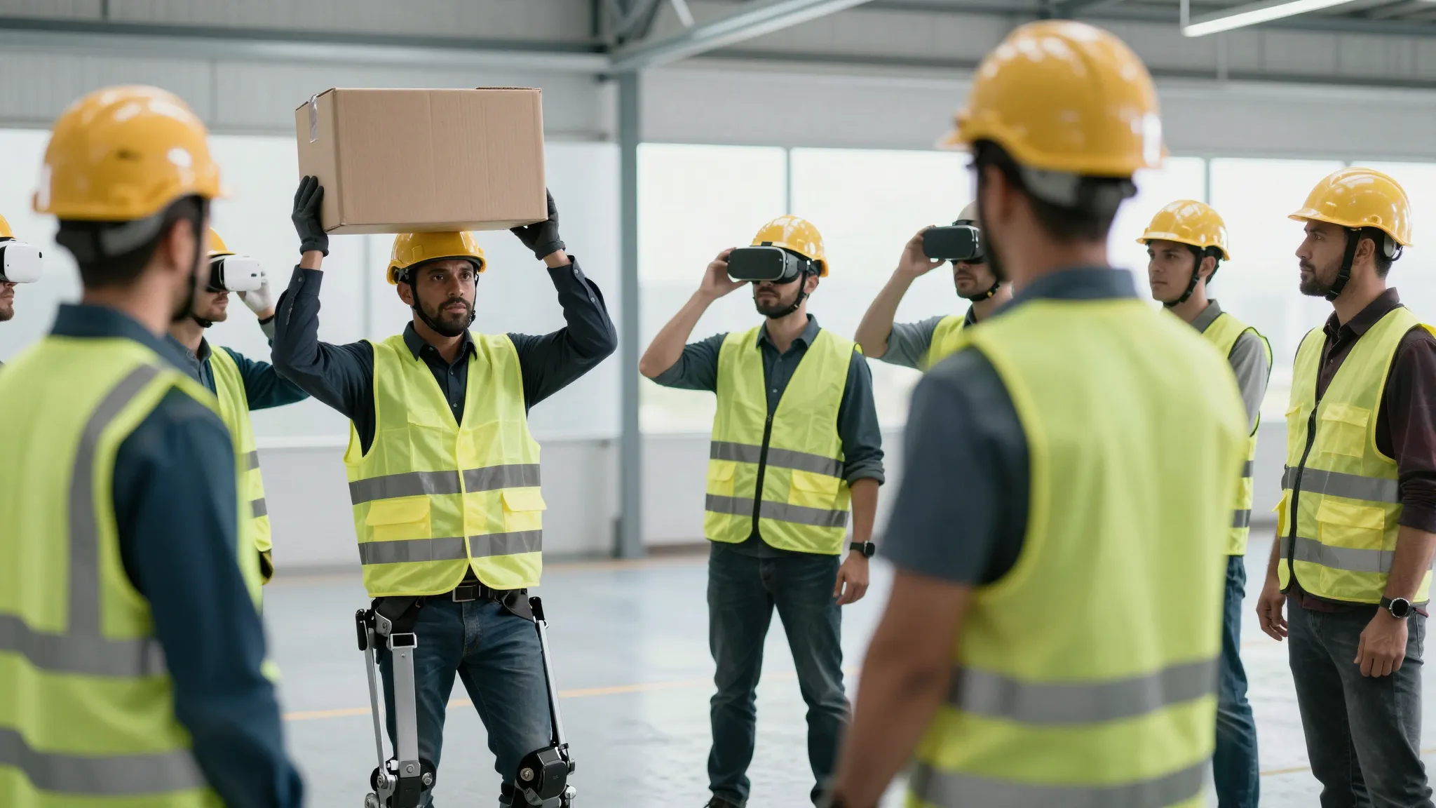 A group of professional workers in safety vests and helmets ...