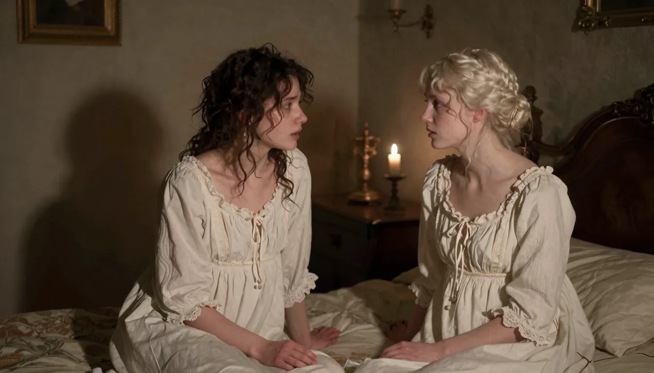 Two young women in 19th-century nightgowns in a dimly lit be...