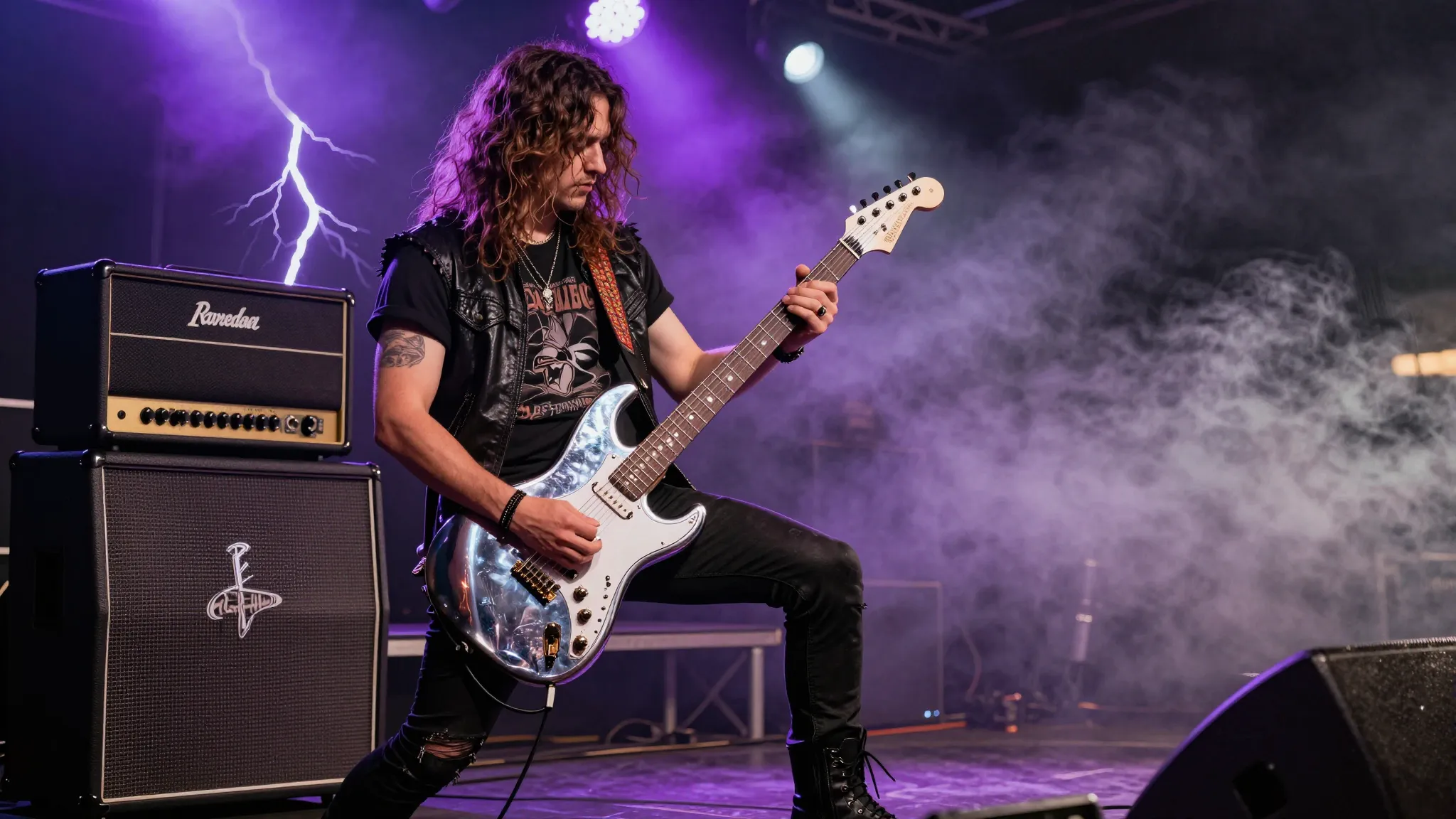 A classic heavy metal aesthetic, a dark stage with massive a...