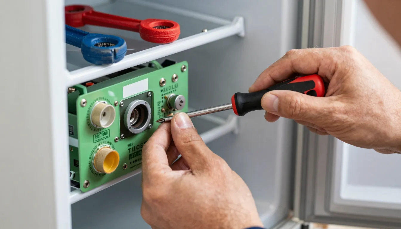 Close up of a repairman's hands using a screwdriver on a ref...