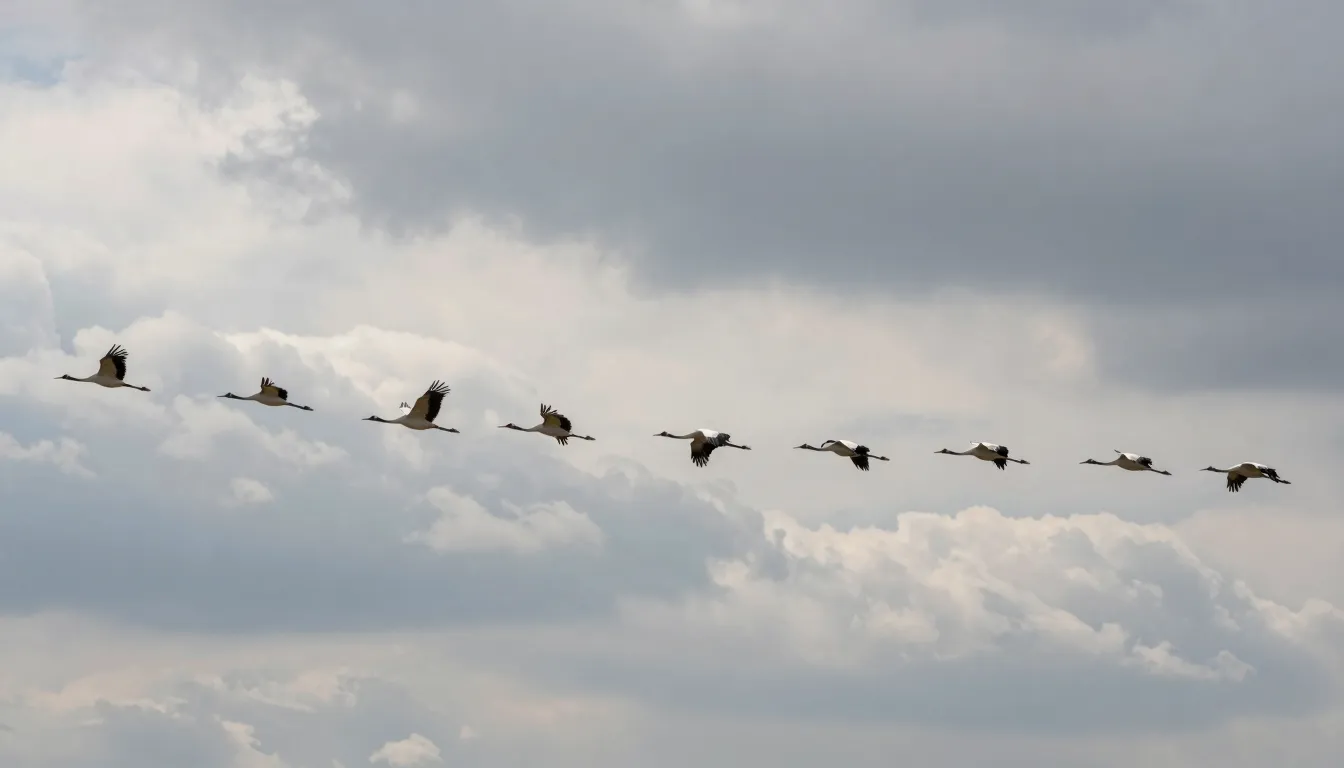 Wide angle shot of white cranes migrating in a wedge formati...