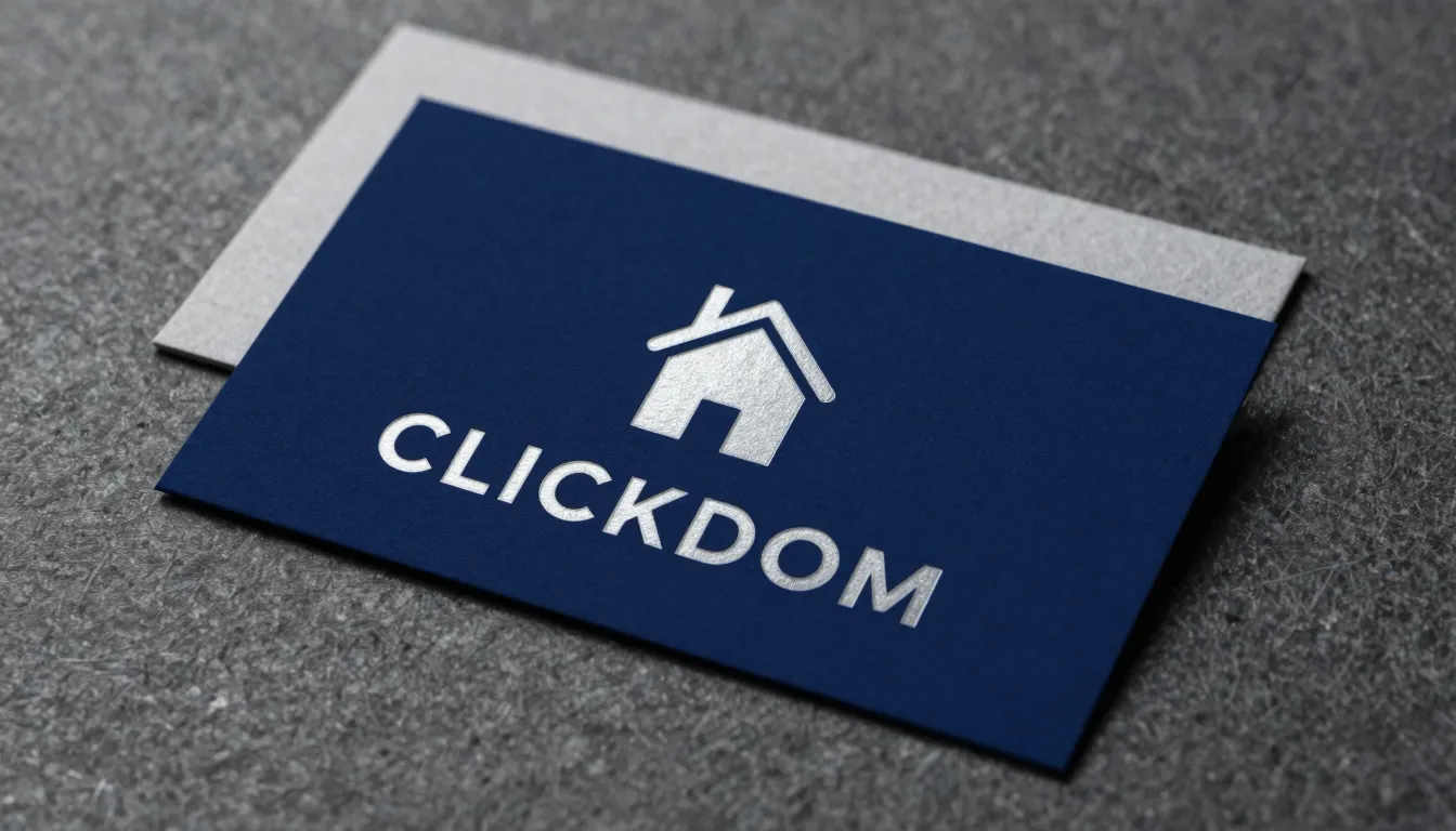 Premium business card design for 'CLICKDOM'. Deep navy blue ...