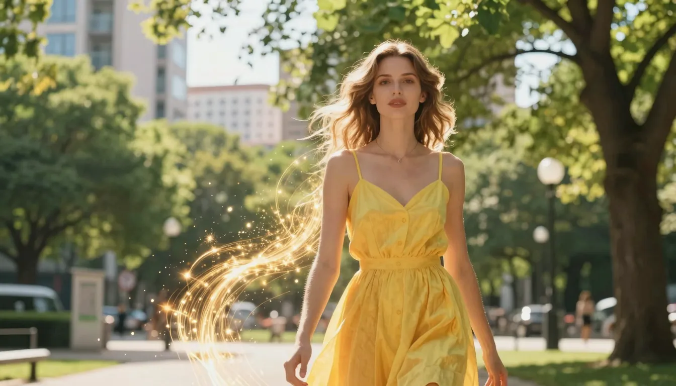 A stunning Caucasian woman in a bright dress standing among ...