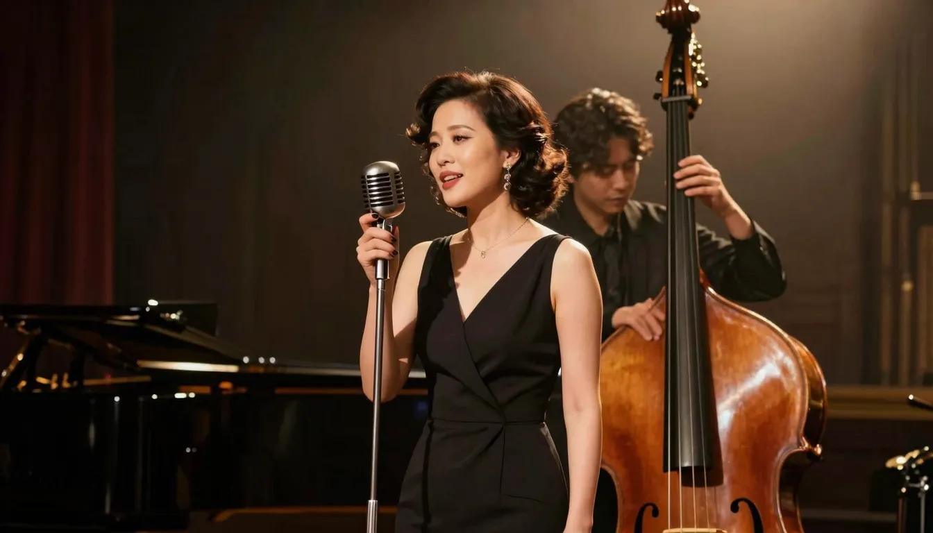 Elegant jazz singer performing on a classic stage, vintage m...