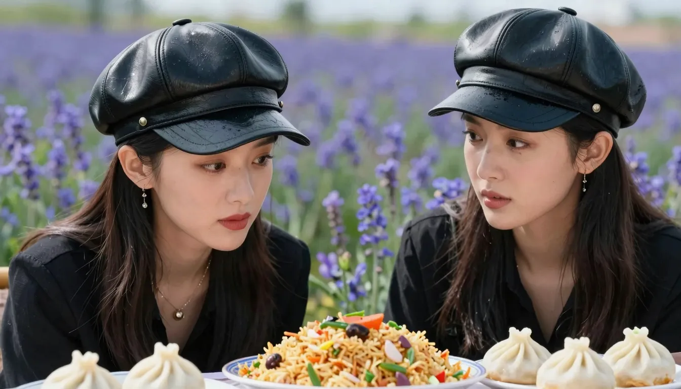 Two stylish Chinese women in a cornflower field, wearing ove...