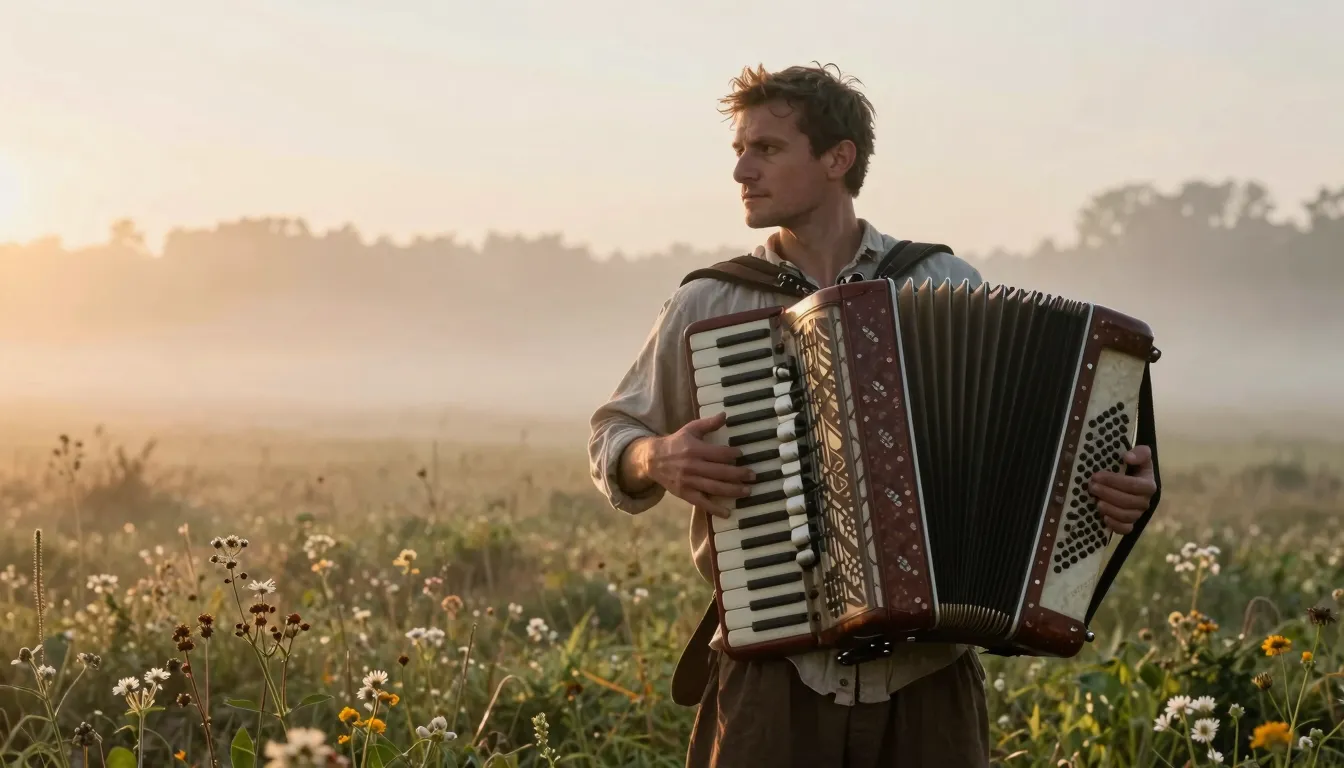 A soulful man in simple rustic clothing playing a traditiona...