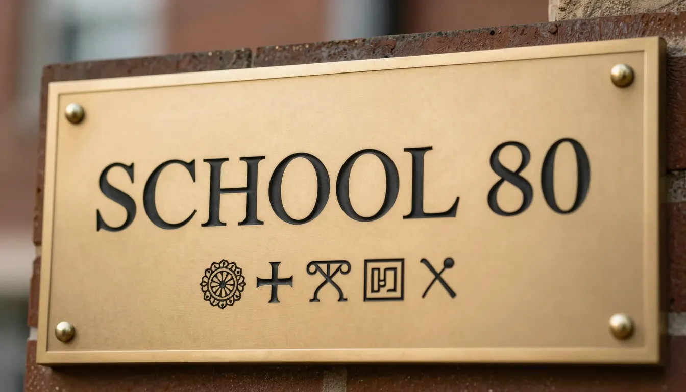 A close-up of a school plaque made of brushed gold, featurin...