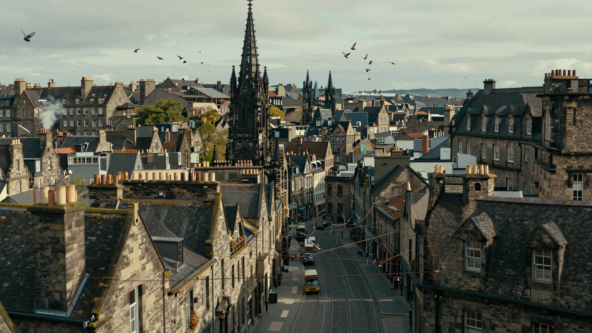 Cinematic wide-angle shot of a hyper-detailed old European c...