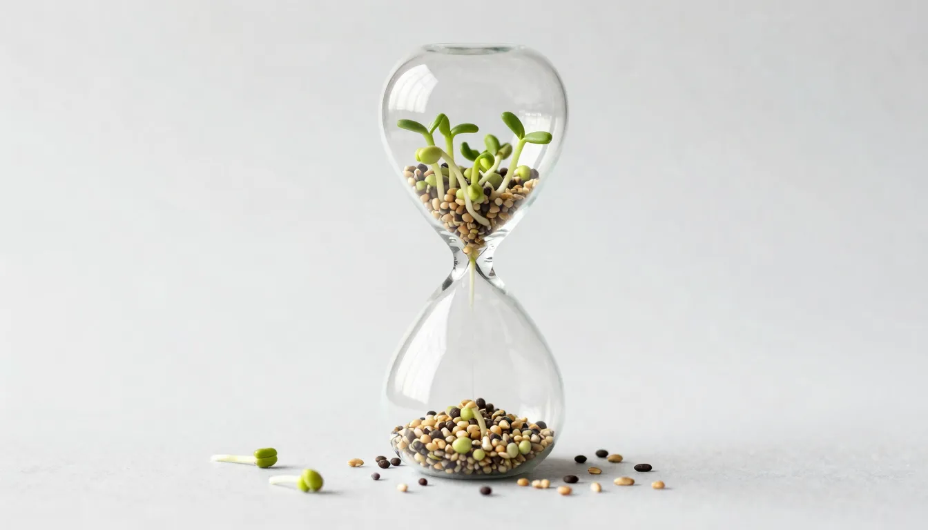 A conceptual image of a hourglass filled with green sprouts ...