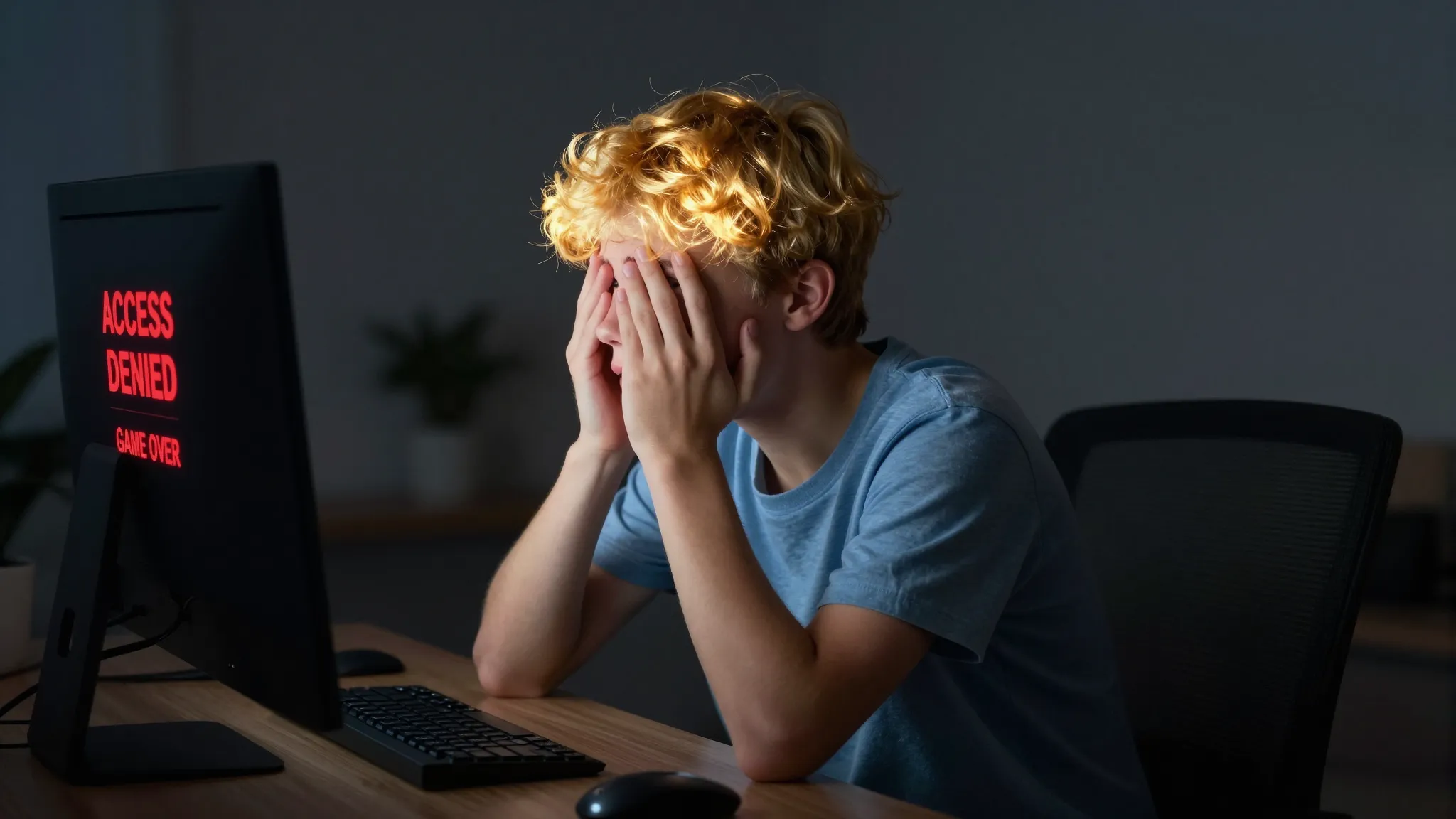 A 15-year-old boy with glowing golden hair looking at a comp...