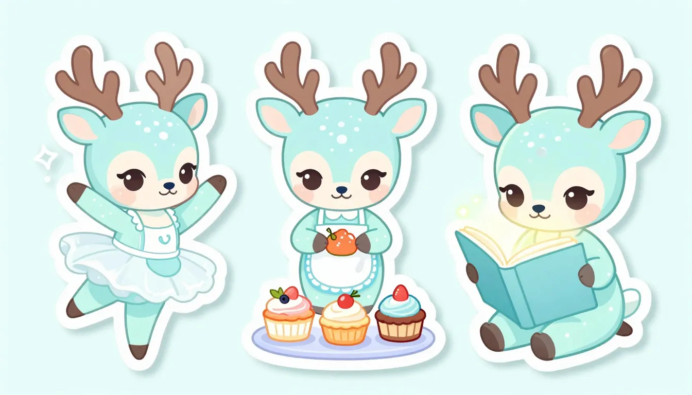 Sticker set of a cute baby deer, light mint and icy blue fur...