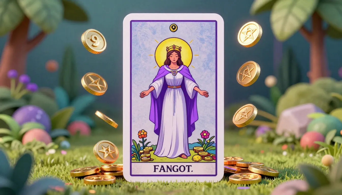Single 3D tarot card Nine of Pentacles, noble woman and gold...