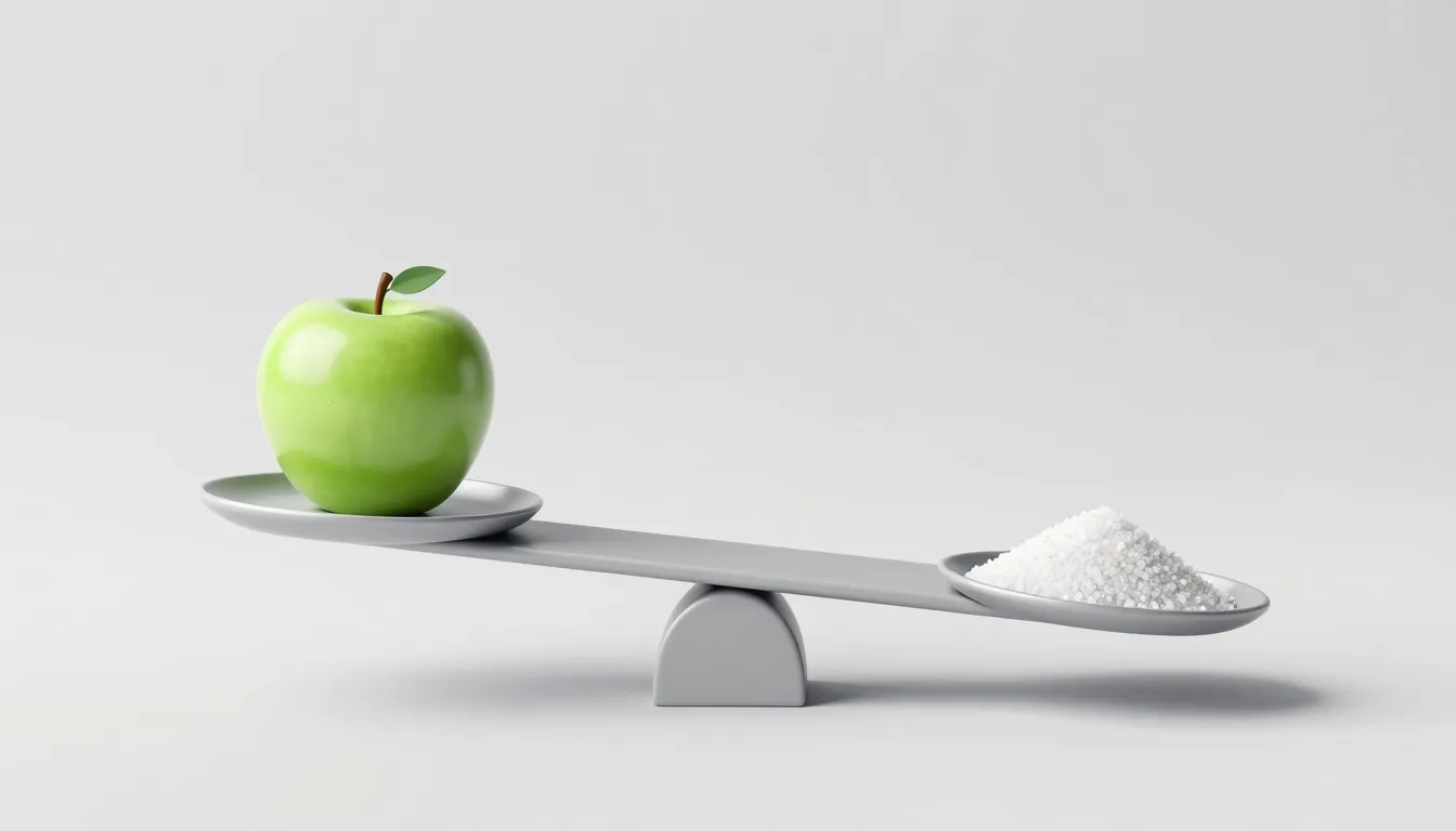 A minimalist balance scale with a green apple on one side an...