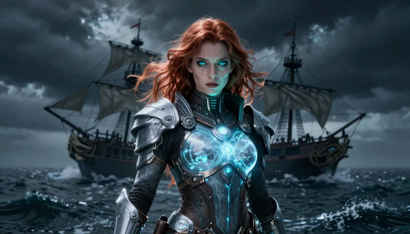 A ghostly holographic projection of a beautiful woman with c...