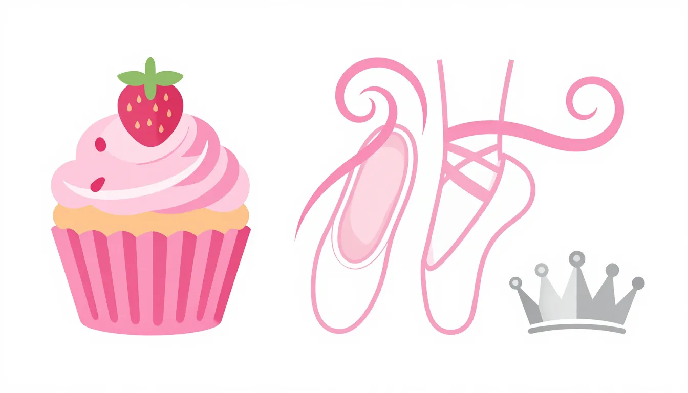 A set of feminine hero icons: a pink strawberry cupcake, a p...