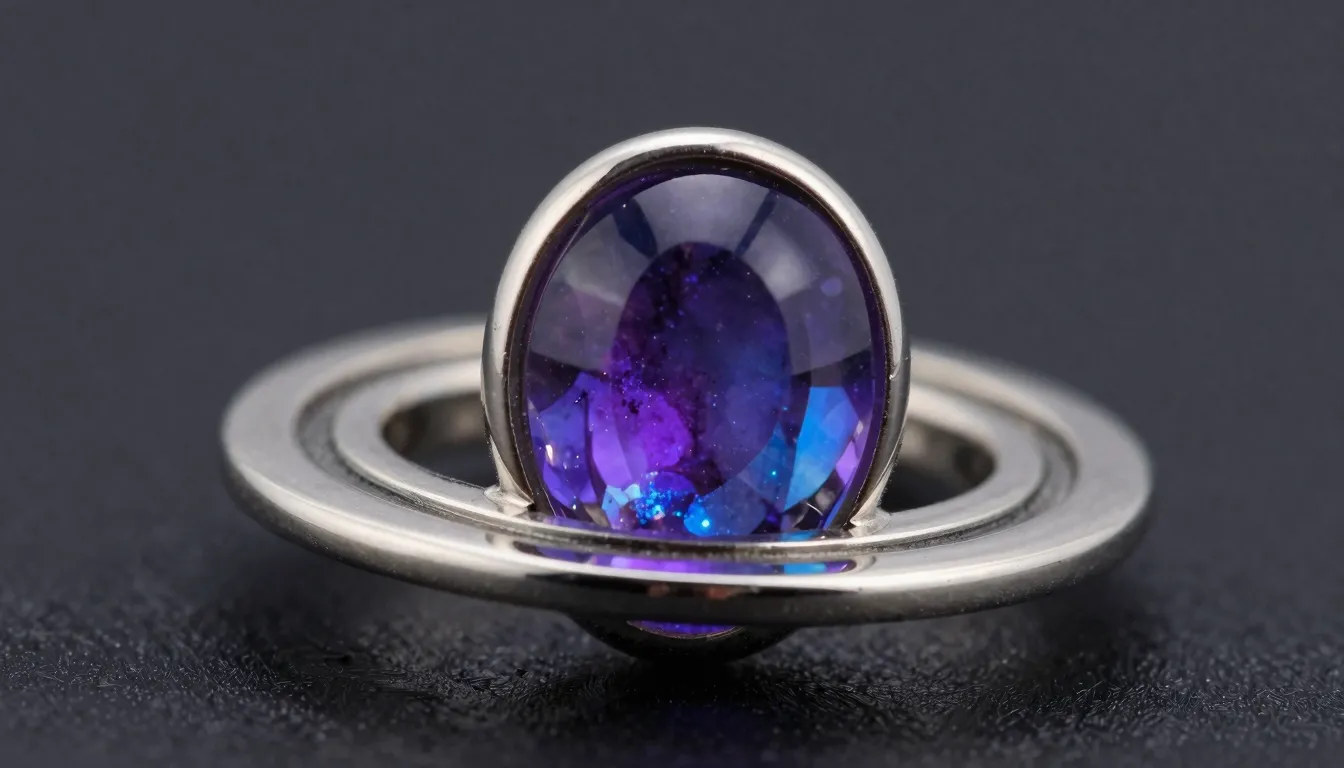 Macro photography of a silver ring shaped like Saturn's ring...