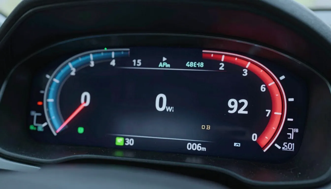 A futuristic dashboard showing a stress meter needle pointin...