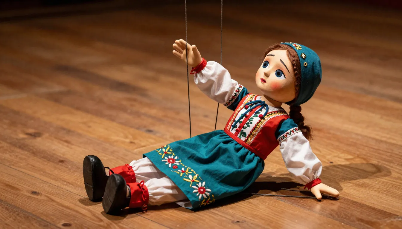 A living Slavic doll on a wooden theater floor, strings atta...