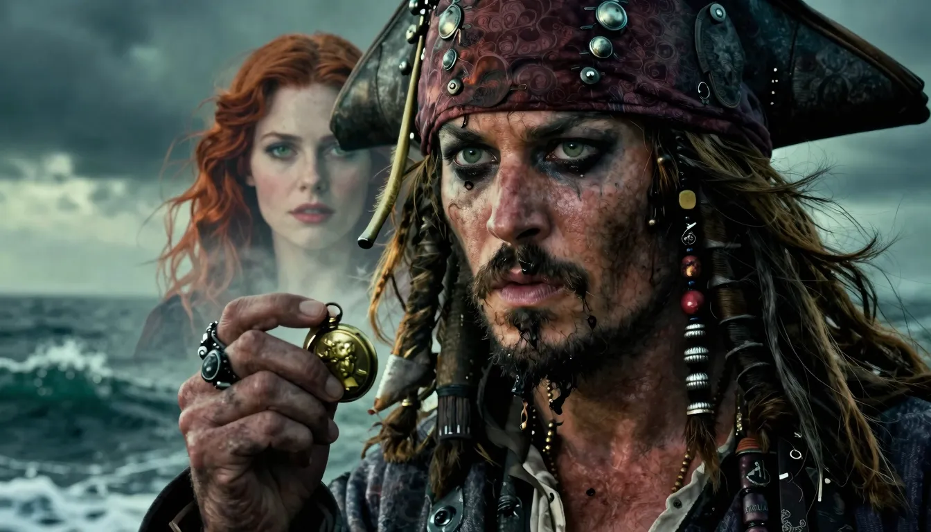 Close-up of a pirate's face with a nostalgic expression, hol...