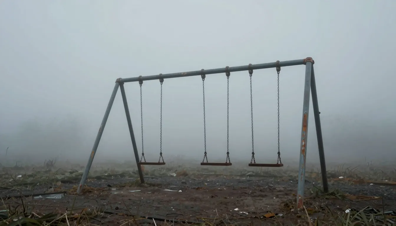 Cinematic wide shot of a lonely, abandoned vintage playgroun...