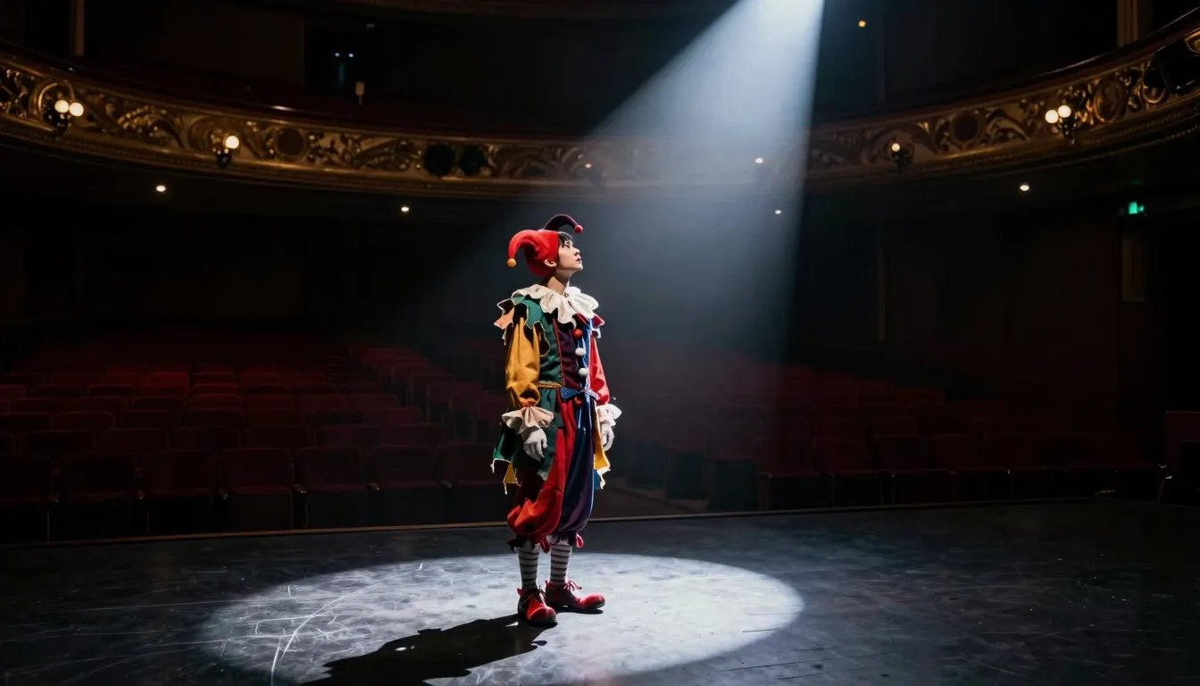 A lonely jester standing still on a dark theater stage under...