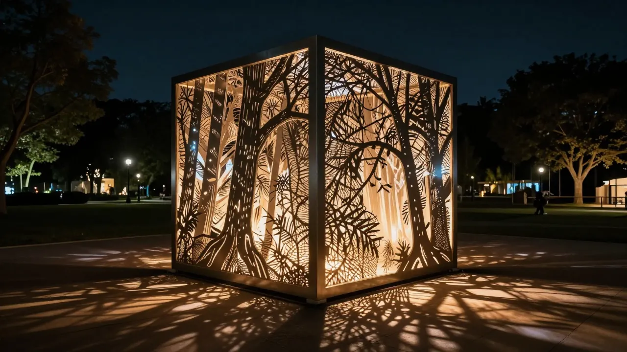 A modern light installation in a night park, a large metal c...