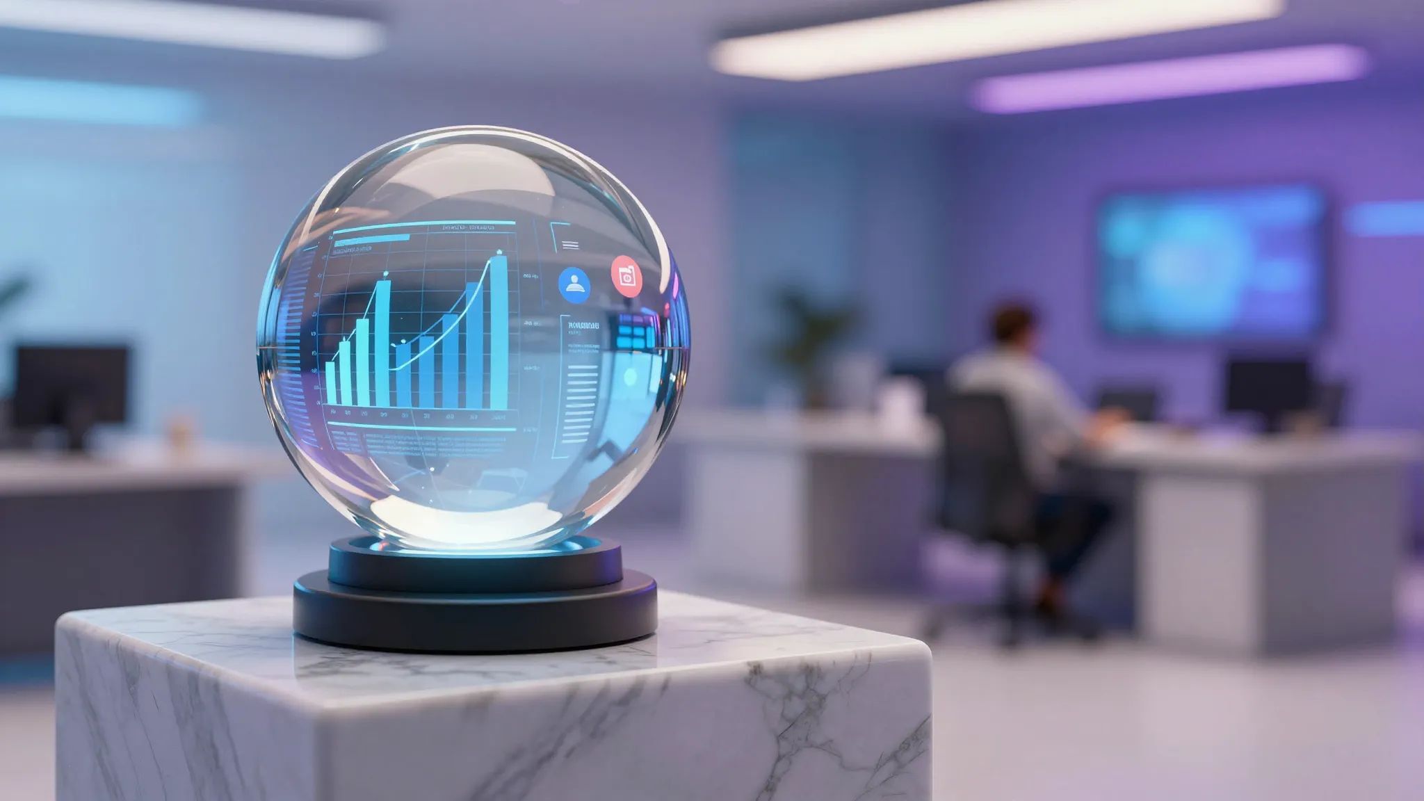 A futuristic crystal ball on a marble pedestal inside a high...