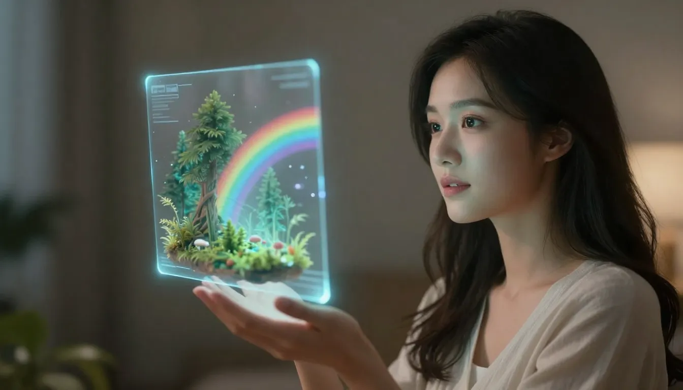 A beautiful woman looking at a small glowing semi-transparen...