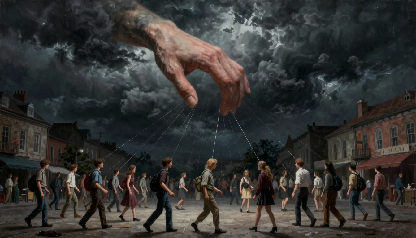 A dark, moody surrealist painting. A massive hand made of cl...