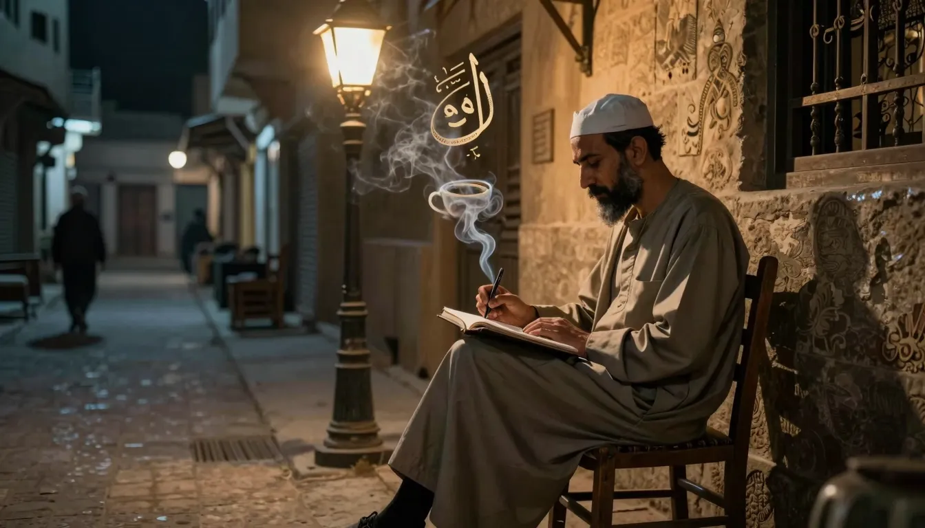 A vintage Egyptian street at night under a dim lamp post, a ...