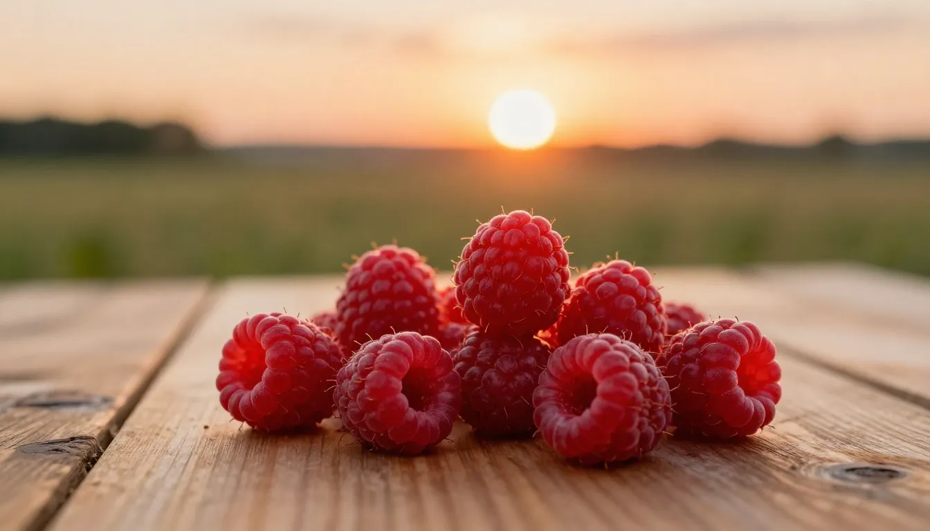 Vibrant red raspberries on a wooden table, blurred backgroun...