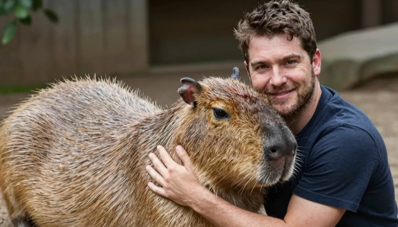 Portrait of a man embracing a huge adult capybara, the anima...