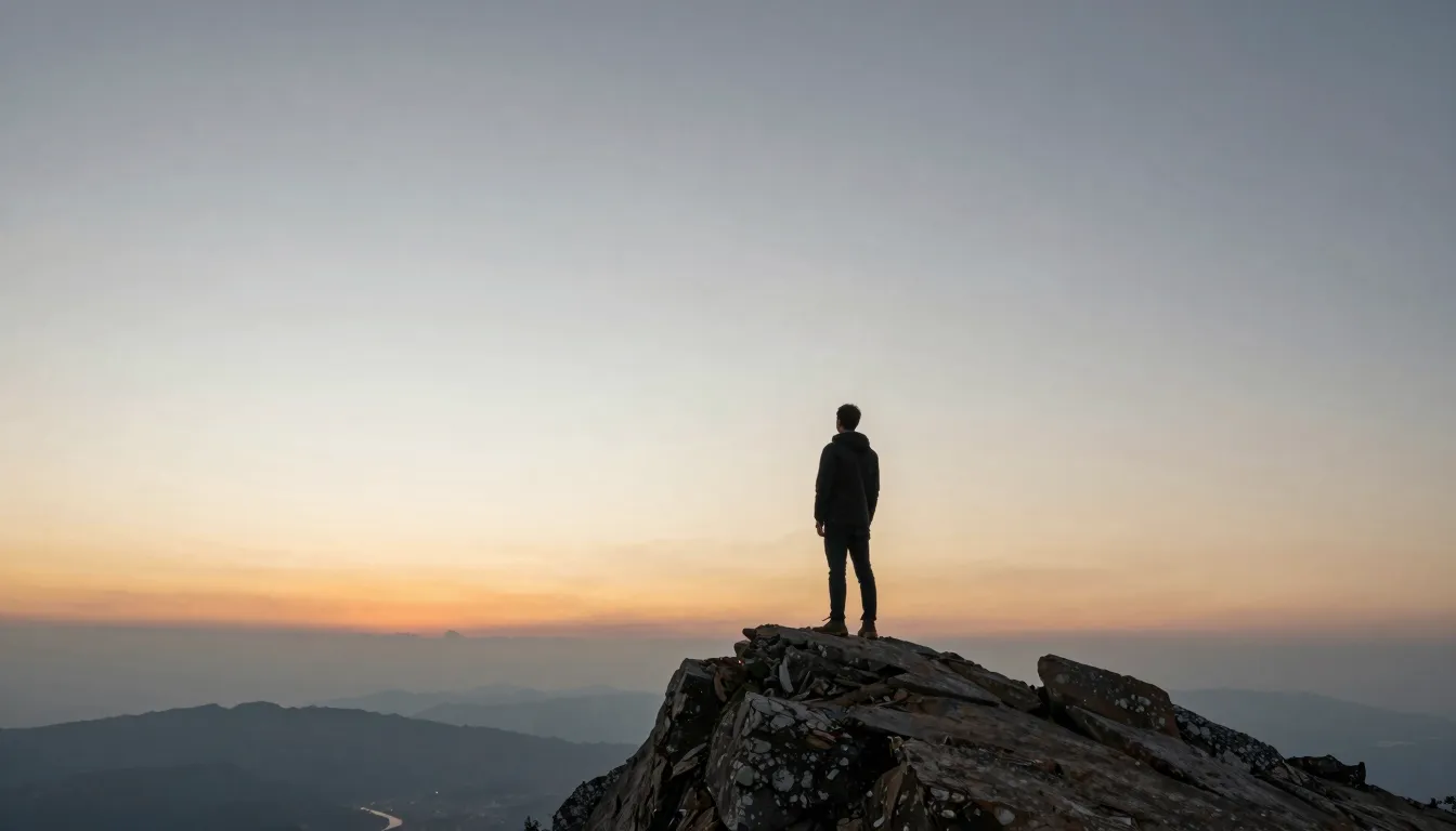 A lone man standing on a high mountain peak at sunrise, look...