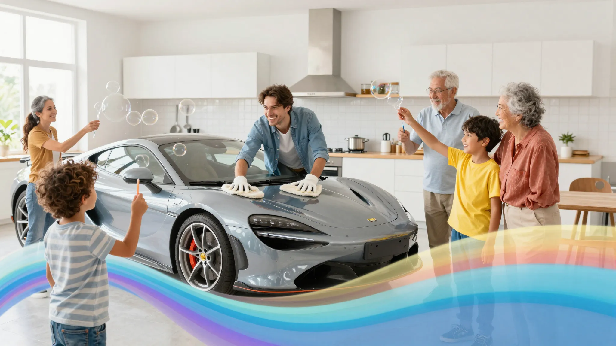 A diverse group of people: a child playing with soap bubbles...