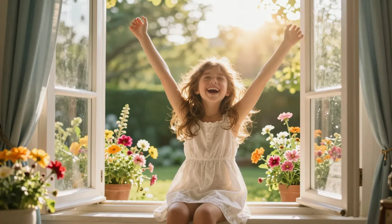 A joyful scene of a bright summer morning, golden sun rays, ...