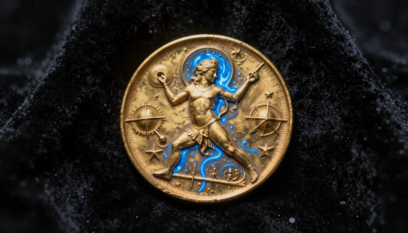 Ancient golden medallion with Jupiter planetary symbols, mys...