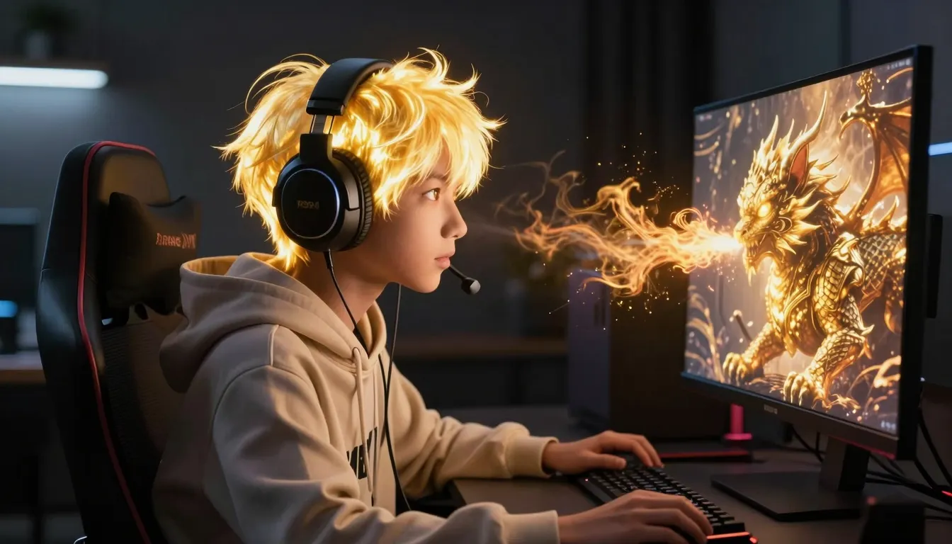 A cinematic shot of a 15-year-old boy with long glowing gold...